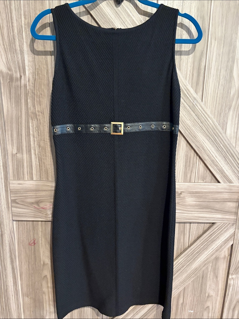 St. John Black Sleeveless Sheath Dress with Gold Buckle Belt